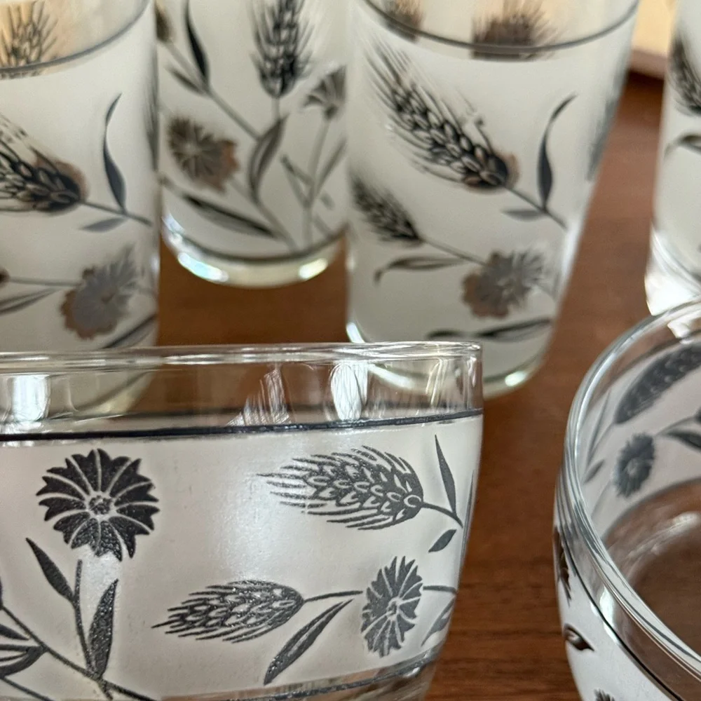 Vintage Libbey Frosted Silver Leaf Wheat Glassware Set of Six 1960s MCM